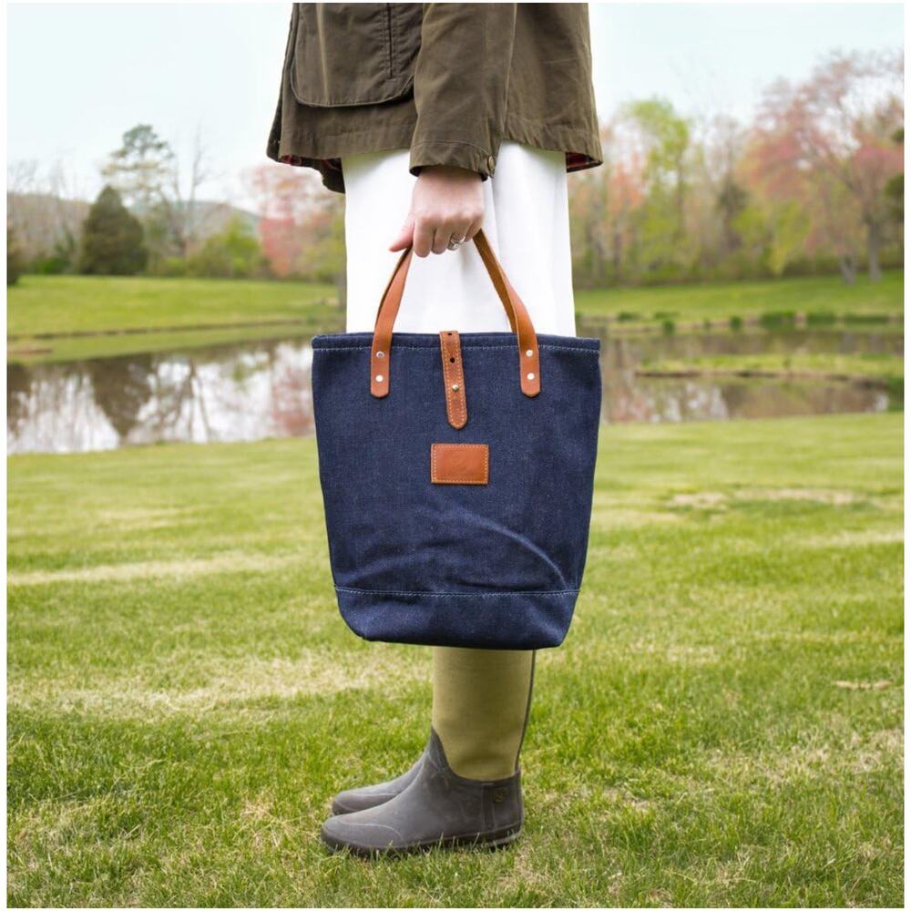 W&P Cocktail Tote in indigo denim with tan leather Handle